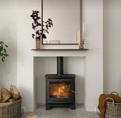 Scandi Fireplace Ideas, Scandi Fireplace, Woodburning Fireplace, Wood Burner Fireplace, Wood Burning Stoves Living Room, Walnut Shelf, Log Burner Fireplace, Log Burner Living Room, Stove Installation