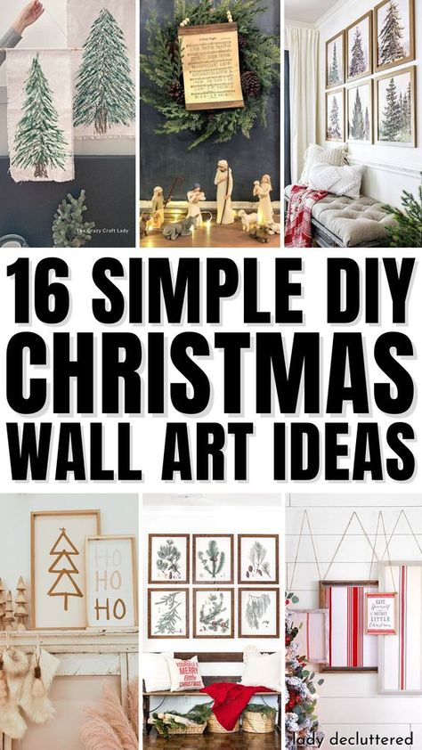 Easy Christmas Wall Art, Christmas Wall Gallery Ideas, Christmas Wall Decorating Ideas, Big Wall Christmas Decor Diy, Cricut Christmas Wall Decor, Diy Winter Wall Decor, Wall Decor For Christmas Diy, Christmas Framed Art Diy, Large Christmas Canvas