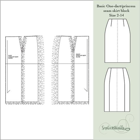 This basic one-dart/princess seam skirt block sewing pattern can be used to create a basic pencil skirt, or any skirt you want to design! Print the pattern out to sew a mock-up for fitting purposes, or open it up in Adobe Illustrator to manipulate the pattern however you want! Combine with a princess seam bodice block to create the perfect princess seam dress. Princess Seam Bodice, Bodice Block, Pattern Mini Skirt, Princess Seam Dress, Pattern Grading, Skirt Sewing Pattern, Skirt Sewing, Skirt Patterns Sewing, Sewing Skirts