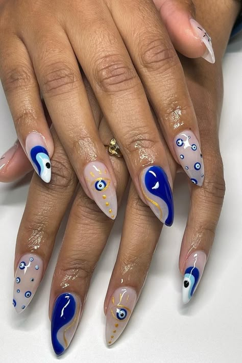 Dark Blue Nails Evil Eye, Nail Design With Evil Eye, Evil Eye White Nails, Evil Eye Nails With Gold, Navy Halloween Nails, Greek Inspo Nails, Gel Nails Evil Eye, Evil Eye Gel Nails, Evil Eye Almond Nails