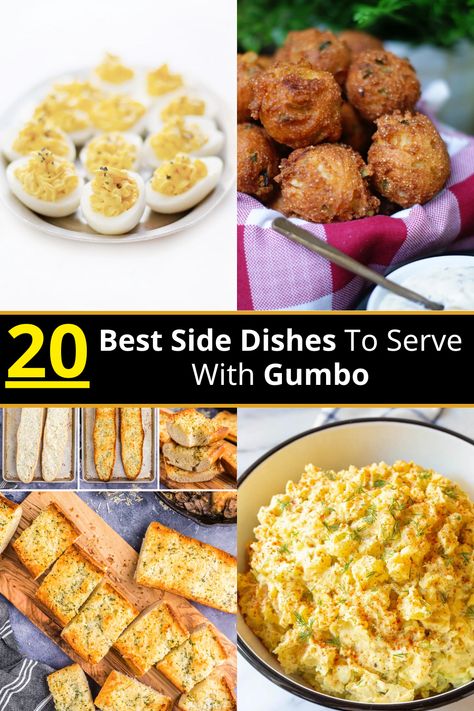 20 Tasty Side Dishes to Serve with Gumbo Gumbo Wedding Reception, Gumbo Dinner Party, Gumbo Party Ideas, Gumbo Sides Dishes, Louisiana Side Dishes, Gumbo Side Dishes, Sides For Gumbo, Cajun Appetizers Easy, Cajun Appetizers