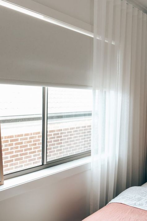 Roller blinds 🙂 Sheer Curtain And Blinds Together, Blinds And Sheer Curtains Together, Curtains With Roller Blinds, Roller Blind And Sheer Curtain, Curtains And Roller Blinds Together, Sheer Curtains Over Blinds, Roller Blind Bedroom, Sheer Curtains With Roller Blinds, Roller Blind With Sheer Curtain