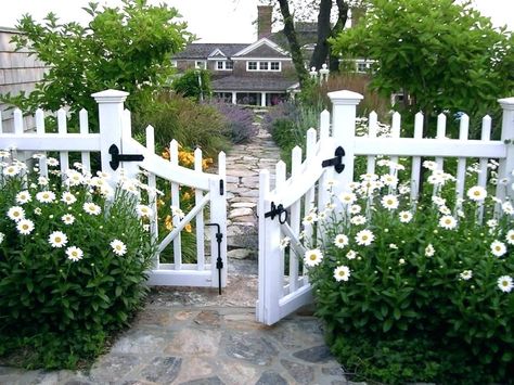 Possible choice for new house Wooden Fence Gate, Low Fence, Garage Addition, Pathway Landscaping, Yard Fence, White Fence, Driveway Landscaping, Backyard Flowers, Deck Designs