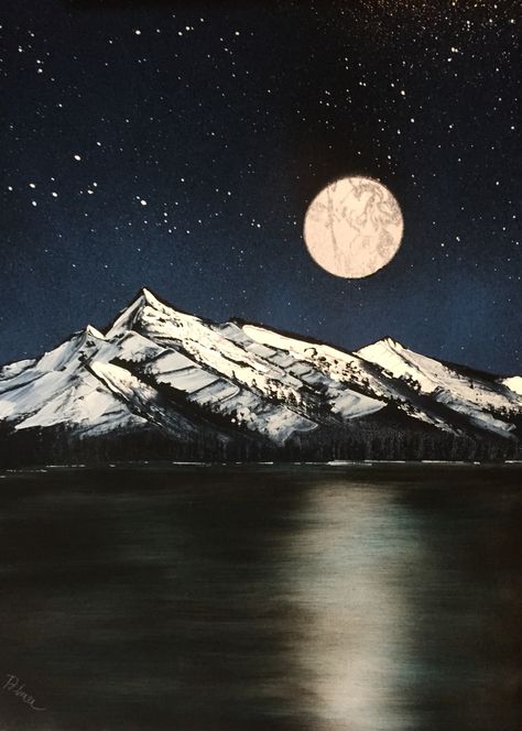 Mountain Sky Painting, Yeti Tattoo, Night Mountains Painting, Snowy Paintings Acrylic, Mountain Canvas Painting, Mountains Night Painting, Mountain Moon Painting, Mountains At Night Painting, Moon And Mountains Painting