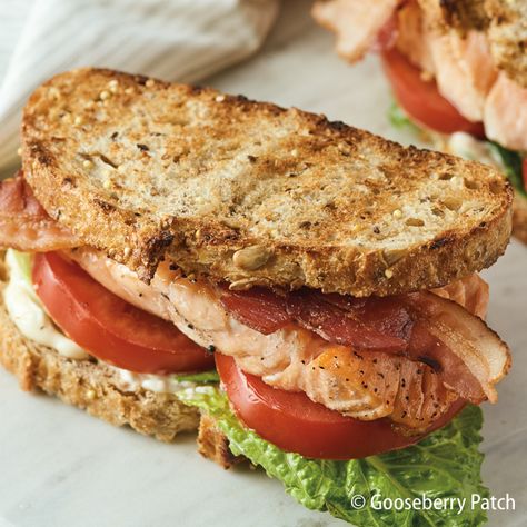 Gooseberry Patch Recipes: Grilled Salmon BLT’s from Healthy, Happy, Homemade Meals Grilled Salmon Burger Recipe, Salmon Blt Sandwich, Grilled Coho Salmon Recipes, Salmon Sandwich Recipes, Trader Joe’s Salmon Burger, Grilled Salmon Burgers, Perfect Salmon Burgers Food Network, Salmon Sandwich, Main Salad