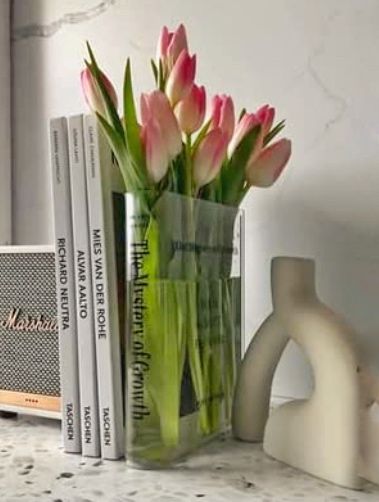 flower bookcase filled with tulips Book About Flowers, Cute Bookshelf, Cute Bookshelves, Book Vase, Rectangle Vase, Minimalist Book, Acrylic Vase, Bouquet Holder, Vase For Flowers