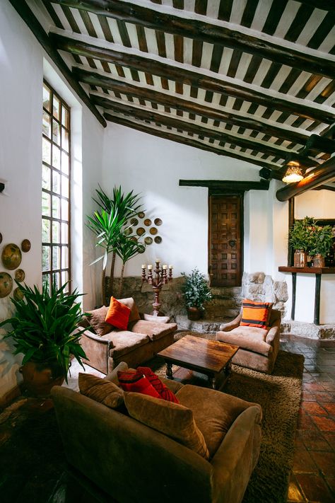 Inkaterra Hotel in Peru Peruvian Home Decor, Tiled Flooring, Patterned Cushions, High Windows, Exposed Beams, Studio Mcgee, Shaggy Rug, A Living Room, My Dream Home