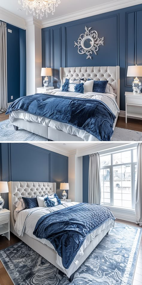 Royal Blue And White Bedroom, Royal Blue Wall Paint, Blue White And Gold Bedroom, Bedroom Royal Blue, Royal Blue Bedroom Ideas, Bedroom Blue Ideas, Royal Blue Room, Neutral Bedroom Colors, Coastal Blue Kitchen