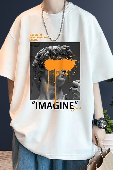 white shirt with a Greek sculpture print whose eyes is covered with yellow paint , the word "IMAGINE" is printed below the image Men Graphic Tees Street Style, T Shirt Print Ideas, White Shirt Design, Trendy T Shirt Designs, Men Graphic Tees, Graphic Tees Men, Street Apparel, Streetwear Tshirt Design, Streetwear Tees