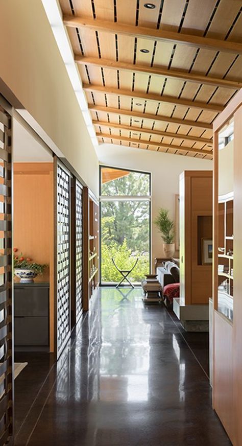 Wood slat ceiling + slanted ceiling in the hallway + modern home design with dark floors + full wall height windows + and an amazing wood ceiling detail | Semple Brown Design Ceiling Slats, Slat Ceiling, Dark Wood Living Room, Wood Slat Ceiling, New Modern House, Wood Furniture Living Room, Living Room Decor Furniture, Slanted Ceiling, Wood Furniture Design