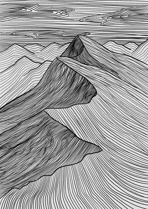 Mountain Doodle Art, Mountains Line Drawing, Zentangle Mountains, Mountain Zentangle, Black Pen Art Doodles, Line Art For Beginners, Black Pen Doodles, Fineliner Art Simple, Landscape Line Drawing