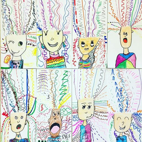 Miss Blomgren on Instagram: “Gettin’ crazy over here in 1st grade with these crazy hair portraits! This @artwithmrs.e line lesson is always a good one to start off the…” Crazy Hair Art Project, Kindergarten Lines Art Lesson, Grade 1 Line Art Ideas, Art For 1st And 2nd Grade, Fun Crafts For 1st Grade, Crazy Hair Line Art, Line Projects For Kindergarten, First Day Of Art Activities, 3rd Grade Line Art Lesson