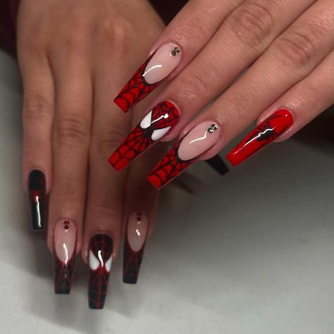 spidey nails 🕷️ - - - - #gelx #spidermannails #gelxnails #nailart #sanantoniogelx #explore Spidey And His Amazing Friends Nails, Spiderman Gel Nails, Nail Spider Man, The Flash Nails, Black Spiderman Nails, Spider Man Nail Art, Spider Verse Nails, Spider Man Nails Acrylic, Miles Morales Nails