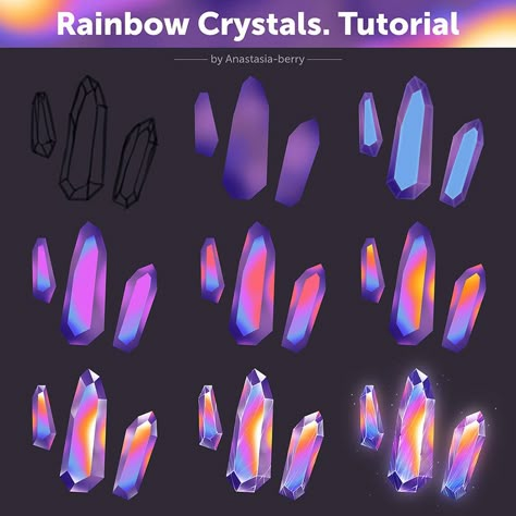 Rainbow Crystals. Tutorial by Anastasia-berry on DeviantArt Crystals Tutorial, Crystal Tutorial, Crystal Drawing, Crystal Rainbow, Digital Painting Techniques, Digital Art Beginner, Coloring Tutorial, Art Help, Digital Painting Tutorials