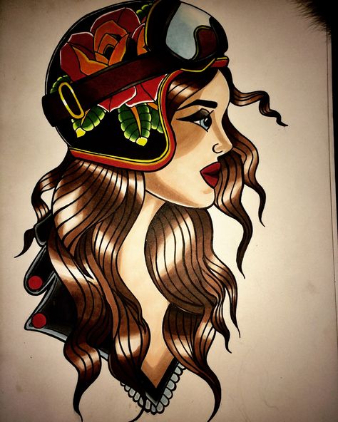 Motorcycle Helmet Tattoo Design, Motorcycle Helmet Tattoo, Traditional Woman Tattoo, Tattoo Knight, Biker Tattoos Designs, Woman Tattoo Design, Biker Tattoo, Traditional Woman, Helmet Tattoo