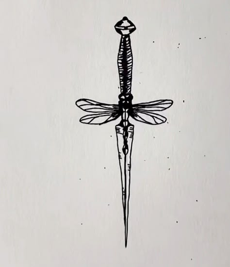 Spooky Dragonfly Tattoo, Dragonfly Patchwork Tattoo, Dragonfly Tattoo Unique, Dragonfly Wing Back Tattoo, Spine Tattoos American Traditional, Dagger Thigh Tattoos Women, Gothic Dragonfly Tattoo, Matching Dragonfly Tattoos, Sternum Tattoo Dagger