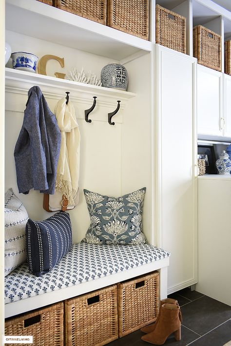 Blue And White Mudroom, Blue Mud Room, Laundry Room Bench, Vintage Mudroom, White Mudroom, Laundry Pantry, Laundry Room Update, Mudroom Laundry, Custom Roman Shades