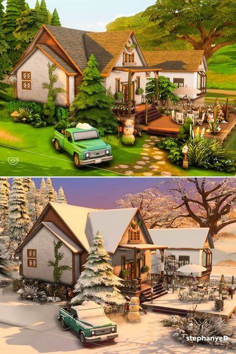 Sims 4 Winter Build, Sims 4 Nature House, Sims 4 House 3 Bedroom, Sims 4 Large Cottage, Sims 4 Winter House, Outdoor Hangout Area, Sims 4 Country House, Sims 4 Cabin, Sims4 Houses Ideas