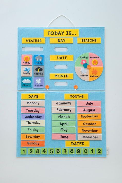 USA, My First Calendar, All About Today Calendar, Felt Learning Board, Interactive Calendar, Early Learning Preschool Wall Hanging - Etsy Hong Kong Date Display Classroom, Day And Date Display Classroom, Calendar Display Ideas, Days Of The Week Bulletin Board, My First Calendar, Montessori Calendar, Kindergarten Calendar, Preschool Calendar, Interactive Calendar