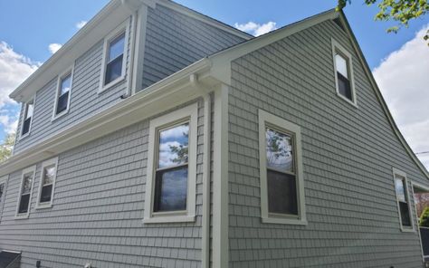 Cedar Impressions Vinyl Siding, Fairhaven, MA | Contractor Cape Cod, MA & RI Cedar Vinyl Siding, Certainteed Vinyl Siding, 1925 Bungalow, Certainteed Shingles, Certainteed Siding, Sterling Grey, Shingle Siding, Cape Cod Ma, Cedar Shingles