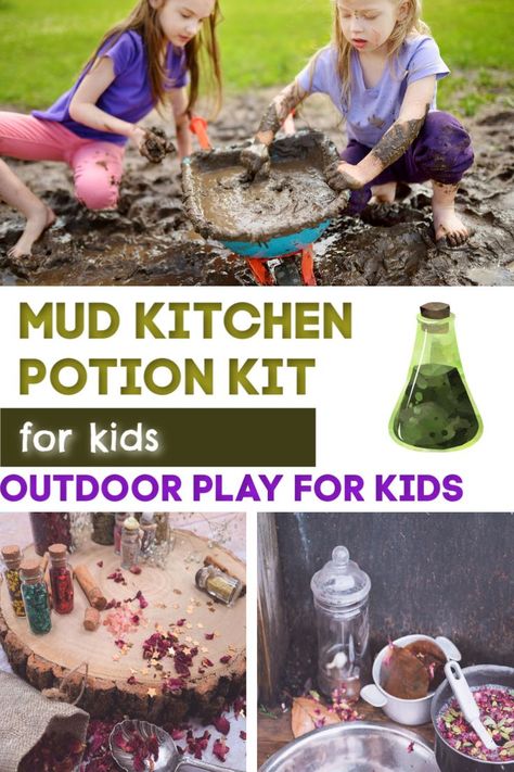 Mud Kitchen Potion Kit for Kids. Mud Science Kits for mud kitchens! Ideas for mud recipes, mud kitchen play ideas for outdoor play for preschoolers. Forest School activities for kids #forestschool #mudkitchen #messyplay #naturecrafts Mud Play Ideas, Mud Kitchen Accessories, Eyfs Outdoor, Mud Play, Play Ideas For Kids, Mud Kitchen For Kids, Mud Kitchens, Forest School Activities, Diy Mud Kitchen