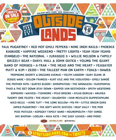 outside lands @ san francisco, ca (aug 9-11) Outside Lands Festival, Golden Gate Park San Francisco, Young The Giant, John Oates, Outside Lands, Vampire Weekend, Music Festival Poster, Music Is My Escape, Golden Gate Park