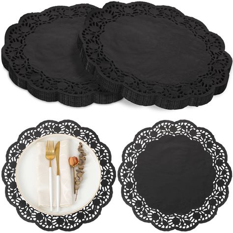 PRICES MAY VARY. What You Can Get: the package comes with 200 pieces of paper doilies for crafts in the size of about 35.5 cm/ 14 inch, sufficient quantities can support your decoration and replacement needs in daily life Sturdy and Safe: our black paper placemats are mainly made of quality paper materials, safe and reliable, strong and sturdy, not easy to fade, tear, wear or break, so you can use for a long time with confidence Wide Applications: these round paper placemats have multi functiona Grad Dinner, Wedding Placemats, Black Party Decorations, Black Wedding Decorations, Pad Paper, Horror Party, Wedding Tableware, Paper Placemats, Crafts Party