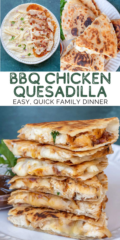 What is better than a crispy tortilla loaded with tender chicken and tons of cheese? The addition of BBQ sauce and bacon of course! This BBQ Chicken Quesadilla is a quick and easy meal everyone will love! Great way to use up leftover chicken or a cheap rotisserie from the store! Bbq Chicken Leftovers, Bbq Chicken Dinner, Bbq Chicken Tacos, Bbq Chicken Quesadilla, Sheet Pan Quesadillas, Family Food Recipes, Chicken Sheet Pan, Quick Family Dinners, Chicken Quesadilla Recipe