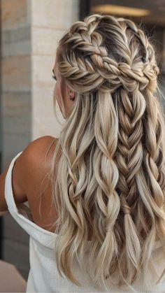 Formal Braided Hairstyles Medium Length, Fancy Braided Hairstyles Half Up, Bride Long Hairstyles Half Up Half Down, Simple Half Up Wedding Hairstyles, Glam Down Hairstyles, Bridal Hairstyles For Long Hair Updo Elegant Wedding, Rustic Wedding Hairstyles For Long Hair, Hair With Backless Dress, Half Up Half Down Braided Wedding Hair