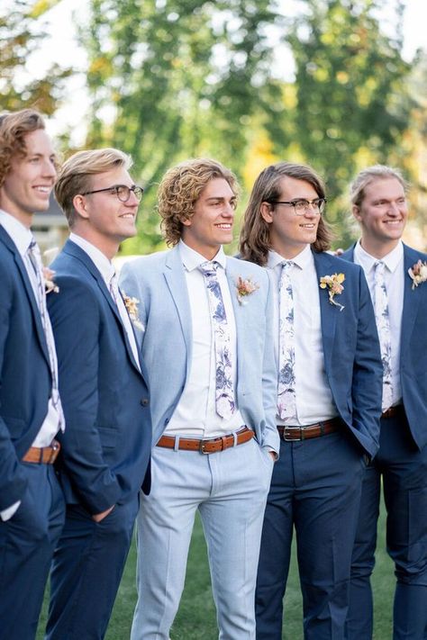 Pastel Wedding Tuxedo, Mismatched Groom And Groomsmen, Pastel Tuxedo Men, Groomens Attire, Blue Tux Wedding, Light Blue Suit Wedding, Blue Groomsmen Attire, Blue Wedding Suit Groom, Grooms Tux