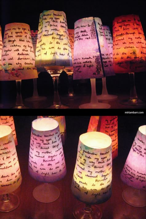 Paper poetry lamps made for a poetry art exhibition in 2009. I was one of seven poets challenged to turn our poetry into art objects. Poetry Decor Ideas, Art Exhibition Ideas Creative, Poetry Decorations, Poetry Room Decor, Poetry Stage Design, Poetry Party Ideas, Poetry Night Decorations, Slam Poetry Aesthetic, Literary Exhibition Ideas