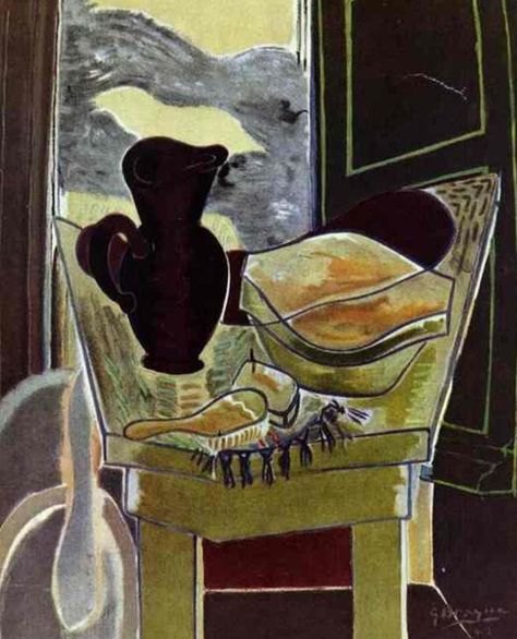 "Table de Toilette (Vanity)" is a painting by Georges Braque, a leading figure in the Cubist movement alongside Pablo Picasso. Braque's work often depicted still lifes and everyday objects through the innovative Cubist lens. This piece, created in the 1940s, presents a vanity table as the central subject, fragmented and abstracted in a Cubist manner. He breaks down and reassembles the forms into geometric shapes and interlocking planes, which is characteristic of Cubism. The painting explores... George Braque, Francis Picabia, Cubist Art, Sketch Journal, Wash Stand, Alberto Giacometti, Post Impressionism, Georges Braque, Wassily Kandinsky