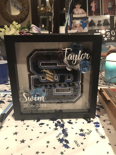 Athletic Letter Display, Senior Night Shadow Box Ideas, High School Sports Letter Display, Personalized Senior Gifts, Varsity Letter Display, High School Letter Shadow Box Ideas, Letterman Shadow Box Ideas, Senior Diy Gifts, Varsity Letter Display Ideas