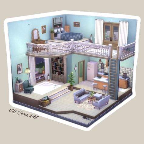 Sims 4 cozy loft without cc. My ID is Yuna_licht. #ts4 #sims4 #ts4loft #sims4loft Sims 4 Layout, Loft Houses, Sims 4 Loft, Sims 4 Base Game, Cute Sims, Small Room Organization, Organization Apartment, One Room Apartment, Sims 4 House Ideas