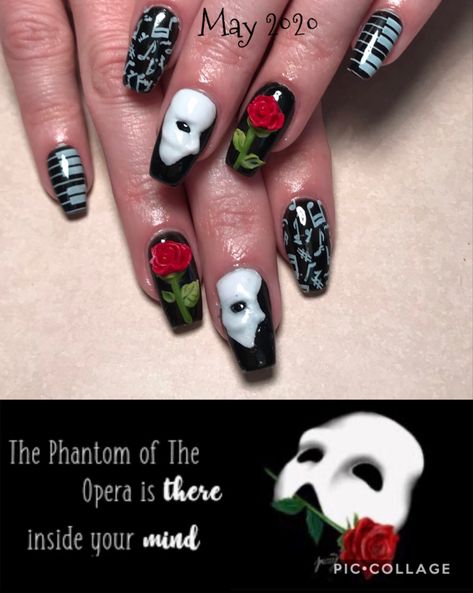 Phantom Of The Opera Nails Art, Phantom Of The Opera Nail Ideas, Broadway Nail Art, Phantom Of The Opera Nails, Broadway Nails, Music Nails, Shiny Nails Designs, Business Nails, Edge Nails