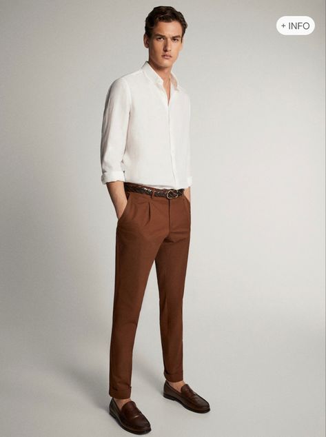 Trousers Casual Outfit, Brown Trousers Outfit, Trousers Outfit Men, Semi Formal Outfit, Pants Outfit Men, Brown Trousers, Trousers Casual, Brown Outfit, Cotton Trousers