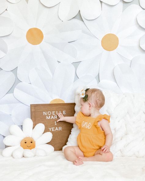 Daisy Themed First Birthday Photoshoot, Daisy 1 Year Photoshoot, Retro Daisy 1st Birthday Party, Daisy Birthday Photoshoot, Daisy 1st Birthday Party Decorations, 1st Birthday Girl Daisy Theme, Daisy First Birthday Photoshoot, First Birthday Girl Daisy Theme, Daisy Theme 1st Birthday