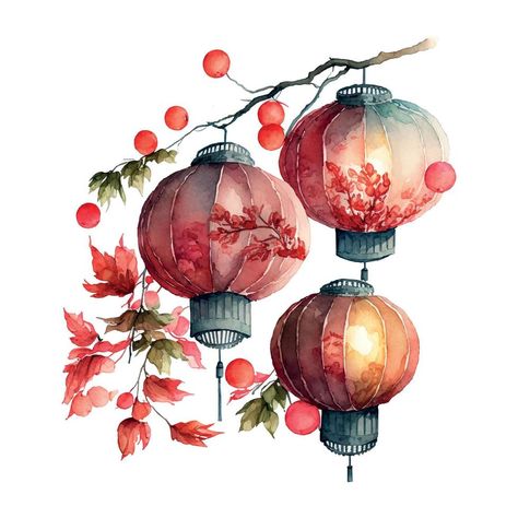 Chinese Lantern Tattoo Traditional, Tanglung Cina Drawing, Chinese Lanterns Painting, Lunar New Year Watercolor, Tanglung Cina, Chinese Lantern Art, Chinese Art Drawing, Chinese Lantern Drawing, Chinese New Year Watercolor