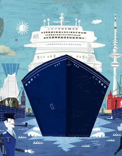 Cruise Ship Illustration by Martin Haake. Ship Illustration, Boat Illustration, Ship Map, Cruise Party, Adventure Family, Ship Poster, Cruise Boat, Ferry Boat, Travel Globe