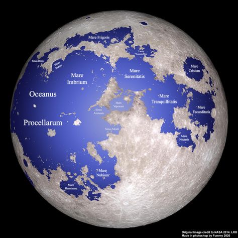 Map created by reddit user Fummy The map above shows what the moon might look like if the “seas” were filled with water and became actual seas. In terms of determining the seas levels, “it’s not done by altitude, but it’s more to do with relative brightness or darkess. I’ve just increased the contrast to make it more obvious how the seas are said to connect.” Moon Map, Moon Sea, Impact Crater, Moon Surface, Earth And Space Science, In The Moon, Charts And Graphs, Space Science, Space And Astronomy