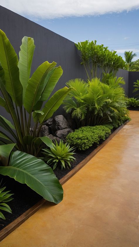 Discover stunning tropical landscape design ideas for your outdoor space From modern Balinese garden plans to backyard ideas front yard entrance style and lush backyard oasis designs Whether you have a small or full sun yard explore minimal and luxurious landscaping inspired by Balinese gardens Tropical Front Garden Ideas, Tropical Home Landscaping, Modern Tropical Backyard Landscaping, Tropical Yard Landscape, Minimal Landscaping Ideas, Banana Leaf Plant Outdoor, Tropical Modern Landscape, Modern Pool Landscaping Ideas, Modern Tropical Landscaping