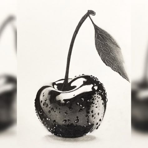 The Solitary Cherry Graphite Pencil Drawing.I have employed shades of black and grey to bring out the cherry's glossy surface, with highlights suggesting the reflection of a gentle light. Each droplet and detail on the fruit's surface is meticulously drawn to create a realistic texture. The leaf and stem enhance the composition, adding a touch of elegance to the solitary subject. It's a classic study in tone and texture, emphasizing simplicity and the beauty of everyday objects. #drawing #pen... Pencil Drawing Realistic Objects, Charcoal Art Realistic, Pencil Drawings Shading, Cherry Fruit Drawing, Detailed Pencil Drawings, Realistic Sketches Objects, Drawing Ideas Realism, Realistic Sketches Nature, Pencil Realistic Drawings