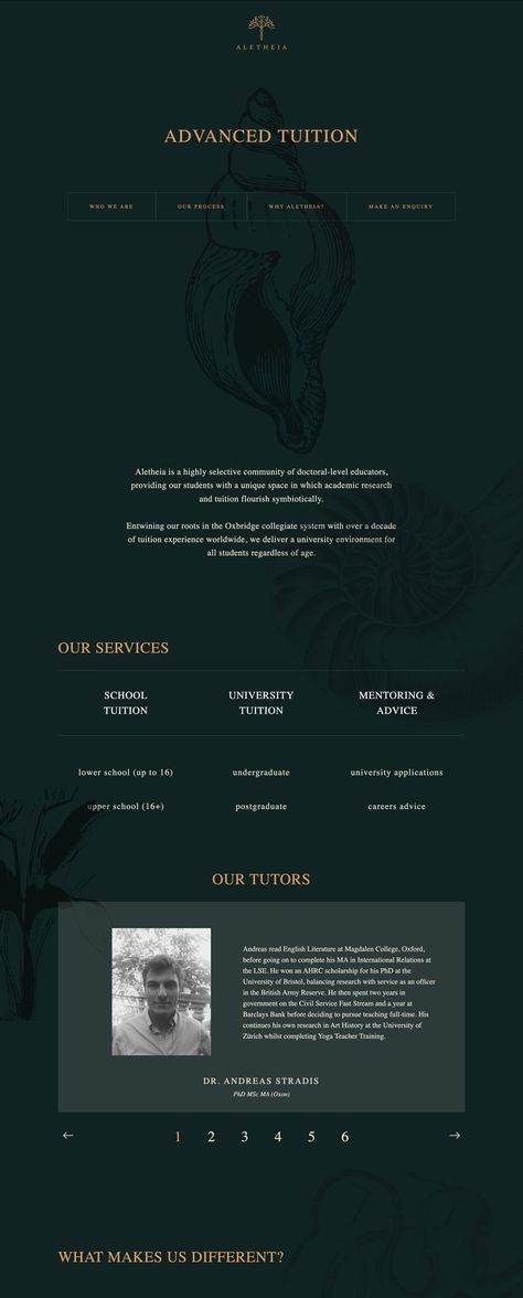 Stunning dark green and gold color scheme in this One Pager for Aletheia who offer private tuition. Green And Gold Color Scheme, Gold Website, Web Design Color, One Pager, Green Web, Website Color Palette, Dark Color Palette, Gold Color Palettes, One Page Website