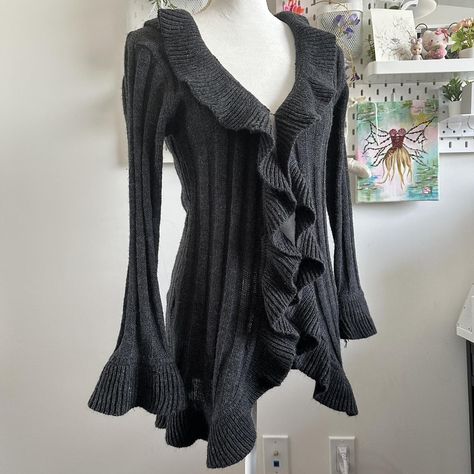 Dark Gray Ruffle knitted whimsygoth cardigan with... - Depop Y2k Pieces, Cardigan Y2k, Ruffle Cardigan, Coquette Grunge, Style Savvy, Dark Gray, Bell Sleeves, Necklaces, My Style