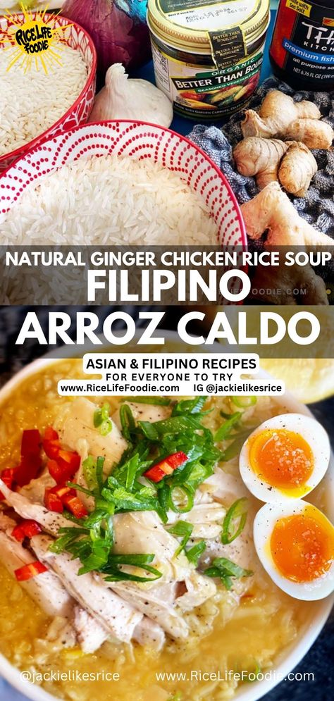 Arroz Caldo (Filipino Chicken and Rice Soup) Filipino Rice Soup, Instant Pot Arroz Caldo, Arroz Caldo Filipino Recipe, Arroz Caldo Recipe, Filipino Soup Recipes, Filipino Soup, Caldo Recipe, Soup Asian, Chicken Ginger