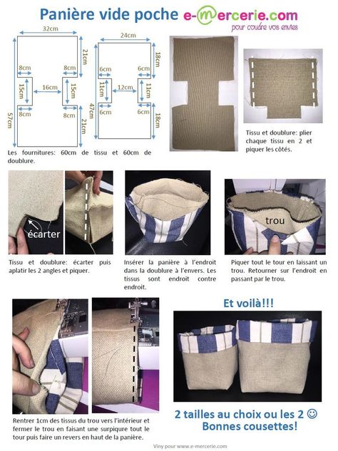 Bonjour Voici un tuto simplifié au maximum avec le moins de coutures possibles pour réaliser rapidement des panières en tissu ou vide poche. A vous de coudre! A bientôt. Viny. /ob_7126f5_paniere-vide-poche.pdf Återvinna Jeans, Fabric Boxes, Couture Sewing, Bag Patterns To Sew, Bags Tutorial, Fabric Baskets, Diy Couture, Sewing Projects For Beginners, Fabric Bags