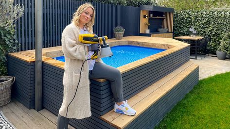 Aneta with paint sprayer in front of pool surround Diy Pool Surround Ideas, Paint Above Ground Pool, Above Ground Pool Surround Ideas, Above Ground Pool Surround, Pool Surround Ideas, Small Above Ground Pool, Pool Surround, Build Your Own Pool, Above Ground Garden