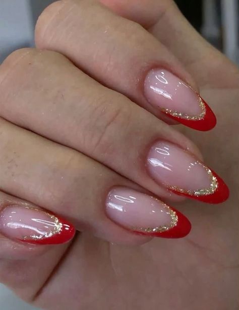 Hoco Nails For A Red Dress, Red Homecoming Nails Almond, Red Hoco Nails Almond, Red Hoco Nail Ideas, Hoco Nails For Red Dress, Red Nails For Hoco, Red Nails For Homecoming, Red Nails Hoco, Gold And Red Nails Acrylic