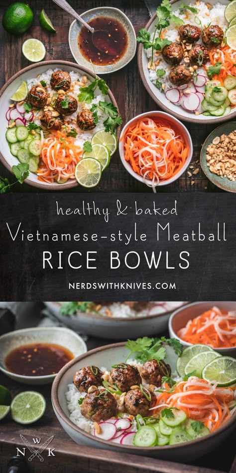 Equally delicious made with pork or turkey, these baked Vietnamese-style meatballs are nestled on top of rice and alongside Banh Mi-style pickles and fresh herbs. This is a quick, healthy dinner that's sure to please everyone at your table. Banh Mi Rice Bowl, Vietnamese Dishes Food Recipes, Vietnamese Pork Meatballs, Vietnamese Bowl, Vietnamese Meatballs, Chinese Five Spice, Chinese Five Spice Powder, Vietnamese Pork, Red Curry Chicken