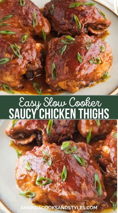 Slow Cooker Saucy Chicken Thighs – Tender and delicious chicken thighs seared golden brown then cooked low and slow in a savory sauce. This is the perfect easy dinner recipe. Saucy Chicken, Crockpot Chicken Thighs, Slow Cooker Chicken Thighs, Savory Chicken, Best Slow Cooker, Savory Sauce, Delish Recipes, Crockpot Recipes Slow Cooker, Delicious Chicken